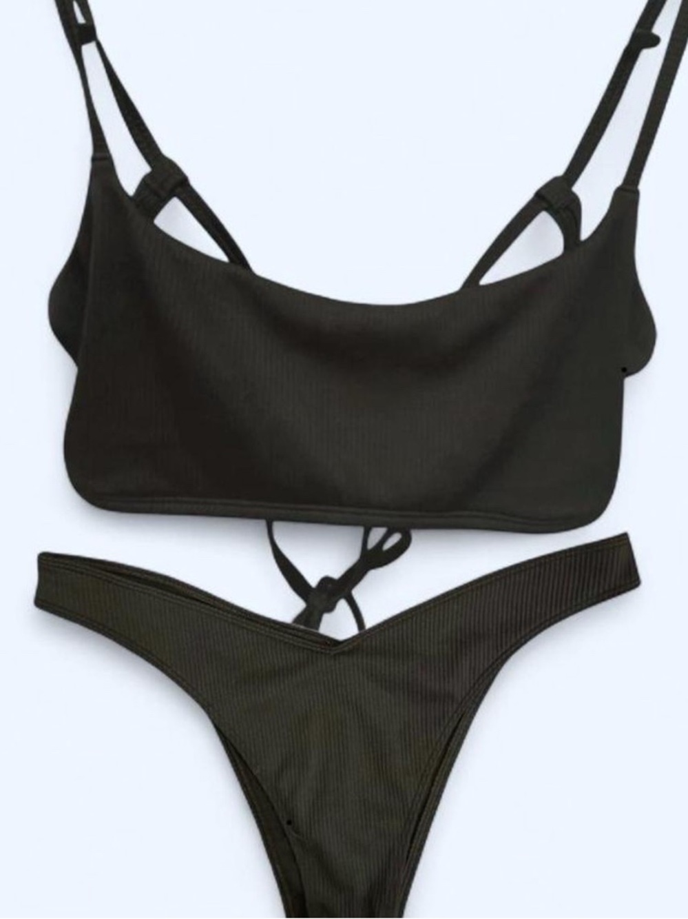 Hollister Women's Black Ribbed Bikini Set - Minimal Swim Top & V-Cut Bottom